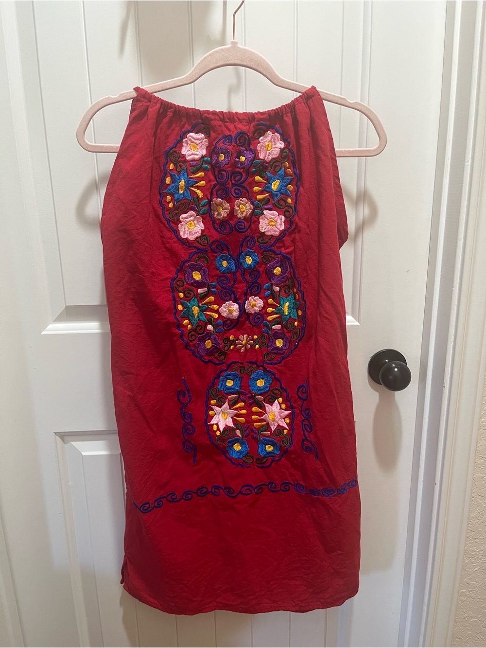 Women's Mexican Floral Embroidered Red Halter Dress - No Size Tag - M (Approx)